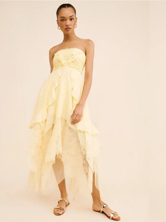 Free People Sheer Bliss Strapless Butter Yellow Lace Ruffle Maxi Dress - Picture 6 of 12